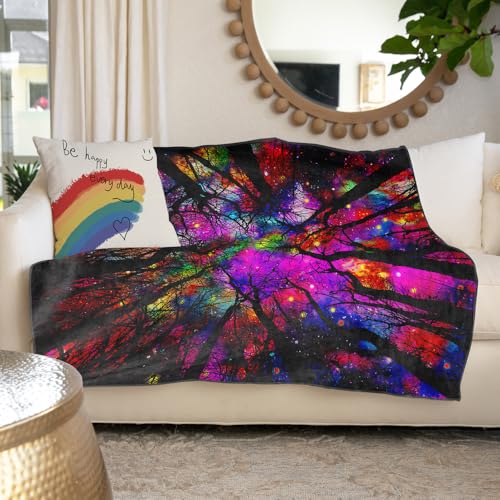 Blacklight Galaxy Forest Throw Blankets UV Reactive Night Sky Throw Blanket Glow in the Dark Under Black Lights Game Room Decor Soft Throw Gifts 59x51 Inches - color: Bl Forest Silhouette