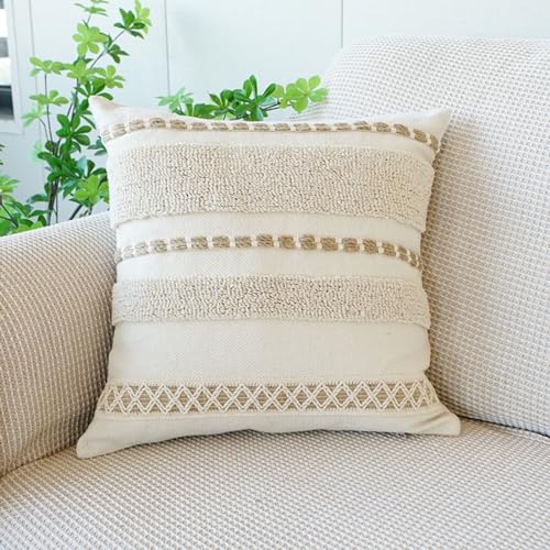 Boho Throw Pillow Cover Tassels Textured Striped Bed Pillow Shams Farmhouse Neutral Decorative Soft Pillowcase for Sofa Couch Bed (PatternB,18"x18") - color: Pattern B, size: 18"x18",Throw Pillow Covers