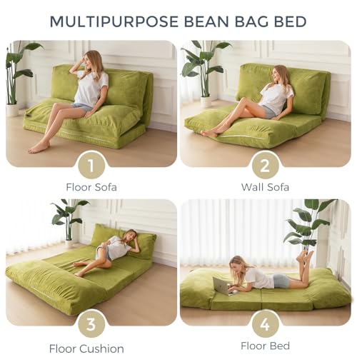 MAXYOYO Folding Sofa Bed, Extra Thick and Long Floor Sofa Convertible Chair with Washable Cover, Floor Couch Lounge Bean Bag Bed for Living Room, Green, 54x91 Inch - color: Green, size: Classic Full