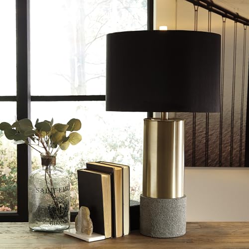 Signature Design by Ashley Jacek Contemporary Table Lamp, 2 Count, 3 Way Switch, Metal, Poly Resin and Drum Shade, 15" W x 15" D x 27.25" H, Gray & Brass Finish - color: Gold