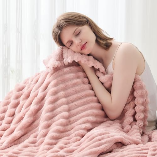 NEWCOSPLAY Super Soft Throw Blanket Pink Premium Silky Flannel Fleece 3D Ribbed Jacquard Lightweight Bed Blanket All Season Use (Pink Ribbed, Throw(50"x60")) - color: Pink Ribbed, size: Throw(50"x60")