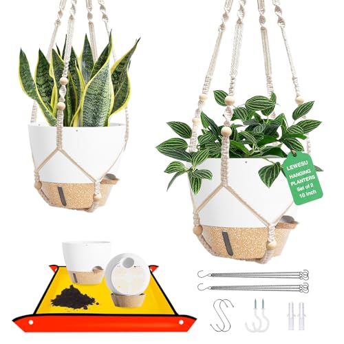 LEWESU Set of 2 Hanging Planters for Indoor Plants with Self Watering Includes Hanging Pots and 2 Types Plant Hangers, Outdoor Hanging Baskets Holder for Home Garden, 10 Inch Oyster White - color: Oyster White