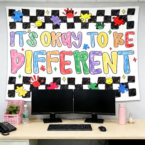 gsgfdshf It's Okay to Be Different Inspirational Wall Tapestry, Autism Awareness Positive Affirmations Tapestry Wall Hanging for Therapy Office Classroom Playroom Decor, 50x60 Inch - color: Landscape Text-Tapestry-E