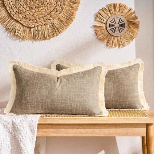 Boho Lumbar Throw Pillow Covers 12x20 Pillow Cover with Tassels Faux Linen Farmhouse Decorative Cushion Covers Khaki for Sofa Bed Living Room Home Decor Set of 2 - color: Khaki, size: 20" x 12" (Pack of 2)
