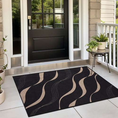 Tangsoo Easy Jute 2x3 Rug for Entry,Washable Thin Outdoor Rug Non-Slip Black Wavy Lines Indoor Mat Small Throw Carpet for Kitchen Bedroom Front Porch Doorway Entrance - color: Black Lines, size: 2x3ft