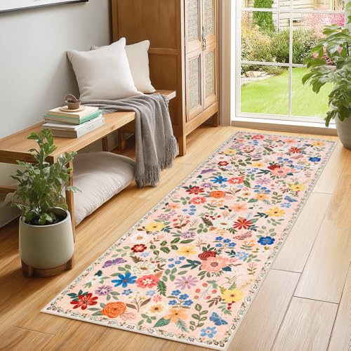 Runner Rug for Entryway: 2x6 Kitchen Rugs Non Slip Washable Ultra-Thin Soft Floral Carpet Indoor Floor Stain Resistant Carpets for Hallway Bedroom Kitchen Laundry Bathroom Dorm Beige - color: Beige, size: 2' x 6' (Runner)