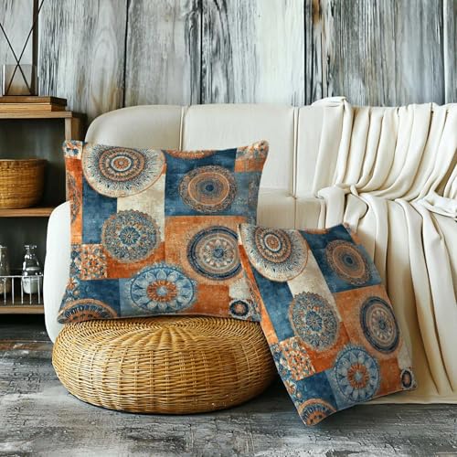 Firmiso Boho Patchwork Print Throw Pillow Covers 18x18 Set of 2 | Decorative Cushion Covers for Sofa Couch Bed | Eclectic Modern Home Decor Pillow Cases | Blue Orange Geometric Accent - color: Boho Patchwork