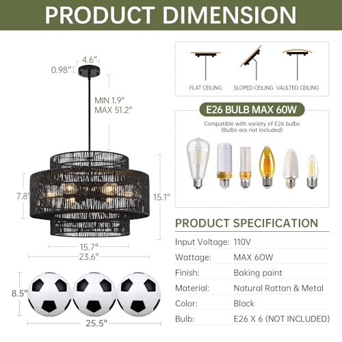 24” Black Boho Large Rattan Chandelier Light Fixture,6-Light Large Hand Woven Pendant Light Fixture Farmhouse Rustic Chandeliers for Kitchen Bedroom, Dining Room, Living Room, Hallway, Foyer - color: Black, size: 24" 6-Light