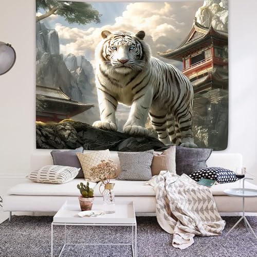 Yookeb White Tiger Animal Tapestry 59W by 51H Inch Wall Hanging Cool Majestic Wildlife Man Bedroom Living Room Dorm Polyester Fabric Home Decor - color: White Tiger, size: 59"L x 51"W