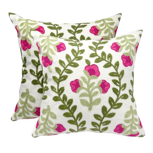 Alysheer Summer Decorative Throw Pillow Covers 18"x 18" Set of 2, Floral Embroidered Farmhouse Hot Pink Flowers Green Vine Patterned Cotton Canvas Cushion Case for Sofa Couch Bed Living Room Decor - color: Hot Pink, size: 18" x 18" (Pack of 2)