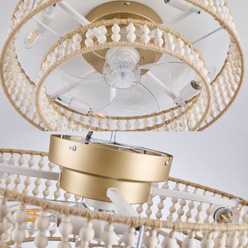20" Boho Ceiling Fan with Lights Flush Mount,Bohemia White Wood Bead Close to Ceiling Fan Light, 4 Lights Low Profile Enclosed Ceiling Fans with Remote Control for Bedroom Living Room Kitchen - color: White-2