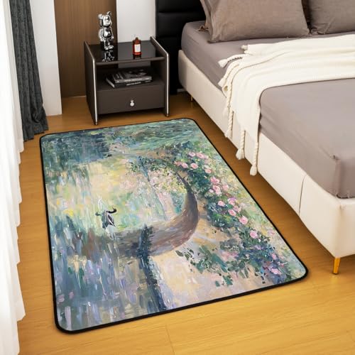 Erosebridal Vintage Area Rug 6'6" x 4'11" Floral Landscape Living Room Rugs Country Nature Decorative Carpet Impressionism Aesthetic Indoor Floor Mat - color: Beige Green Pink, size: 4'11" x 6'6" (Rectangular)
