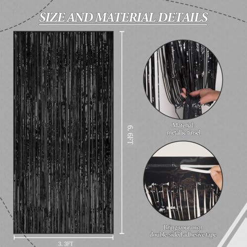 DECOCKRAT 2 Pack Foil Fringe Backdrop - Black Shiny Tinsel Curtains for Party Decoration/Photo Booth Props - 3.3x6.6 FT Metallic Foil Backdrop for Birthday, Wedding, Graduation, Christmas. - color: Black