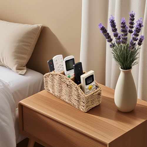 Handwoven Remote Control Holder Basket, Boho Desk Organizer with 5-Compartment Storage TV Remotes, Office Supplies for Living Room, Bedroom, Office