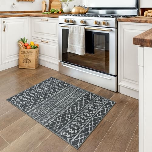 KUTA Washable Non-Slip Rugs for Entryway 2x3, Dark Grey Beige Moroccan Boho Small Area Rug,Soft Vintage Geometric Low-Pile Indoor Door Mat Floor Carpet for Indoor, Entrance, Kitchen, Bathroom - color: Dark Grey Beige, size: 2' x 3' (Rectangular)