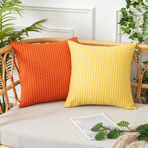 UGASA Fall Outdoor Waterproof Pillow Covers Pack of 2 Weaving Texture Water Resistant Outside Decorative Pillow Cases for Patio Garden Porch Yard Bench 18x18 Inch, Orange - color: Orange, size: 18" x 18" (Pack of 2)