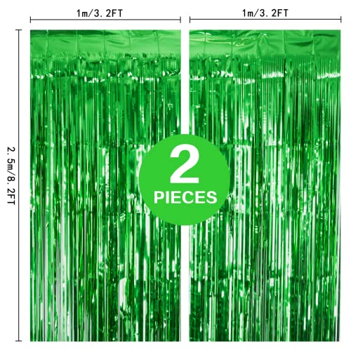 2 Pack Green Tinsel Curtain Party Backdrop, 3.2Ft x 8.2Ft Metallic Tinsel Foil Fringe Curtains Photo Booth Props Background for Christmas St Patrick’s Day Safari Tropical Bachelorette Decorations - color: Metallic Gren