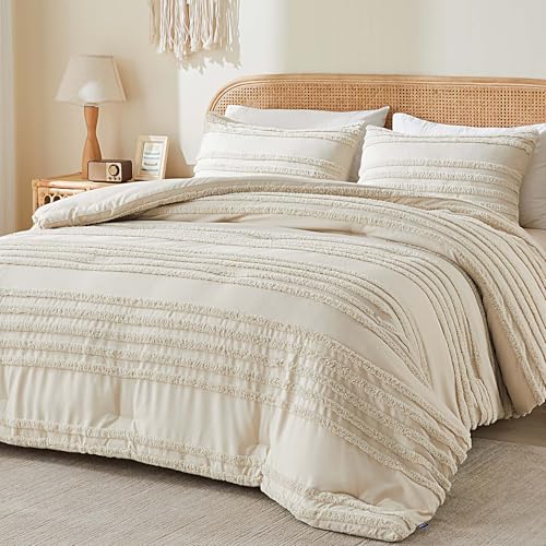 BEDELITE Boho King Size Comforter Set - Beige Tufted Striped Bed Set 3 Pieces, Soft Vintage Farmhouse Comforter for All Seasons, Boho Home Decor,Fluffy Jacquard Bedding with Pillow Sham - color: Beige, size: King