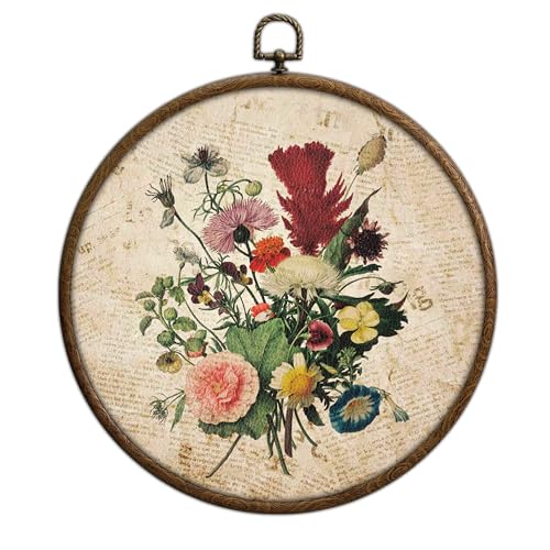 QKX Vintage Floral Wall Decor, Printed Canvas Wall Hanging for Bedroom Kitchen Home Office, Round Decoration, Wall Art Bedroom, Living Room Wall Art, Dorm Decor, Circular Wall Hanging with Hooks,20 - color: Vintage19