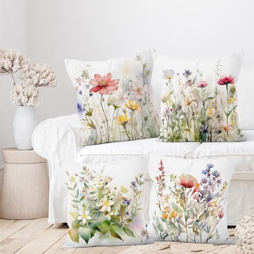 Spring Flowers Throw Pillow Covers, Floral Plant Modern Decorative Throw Pillow Case, 4-Pack Double-Side Printed Pillowcases for Sofa and Living Room, 18x18 in - color: 12, size: 18" x 18" (Pack of 4)