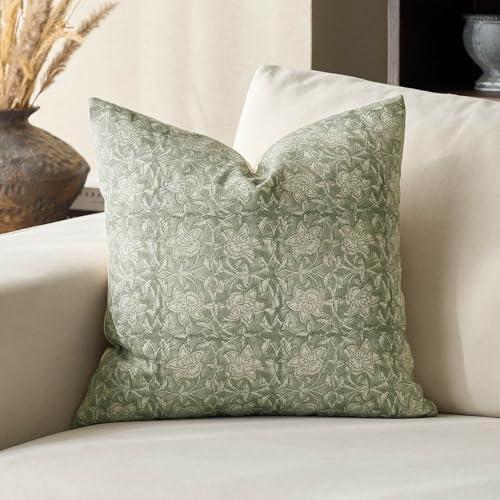 DOMVITUS Floral Pillow Covers 20x20 Throw Pillow Covers Block Print Vintage Decorative Neutral Pillow Cover for Couch Bed Living Room Sage Green 1PC - color: Sage Green, size: 20" x 20" (Pack of 1)