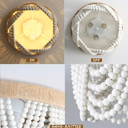Bohemian Wood Beaded Ceiling Lamp 3-Light – Antique Rustic Mini Chandelier with White Beads for Bedroom, Nursery, Girls' Room, Dining Room, Hallway Entryway - color: White