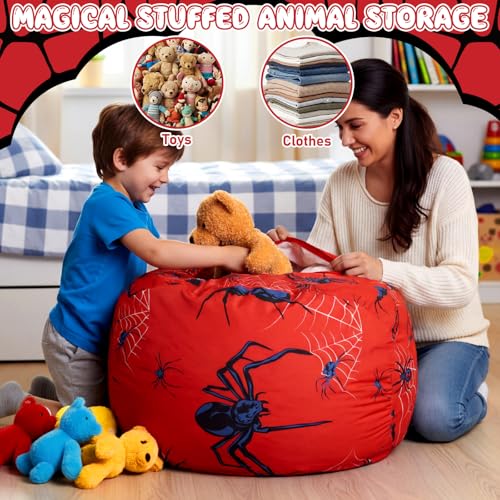 Boao 27'' Large Spider Kids Bean Bag Chairs Cover (No Filling) Washable Stuffed Animal Storage Beanbag Chair for Kids Canvas Bean Bag Cover with Zipper for Boys Organizing Plush Toys Textile Sack - color: Spider, size: 27 Inches
