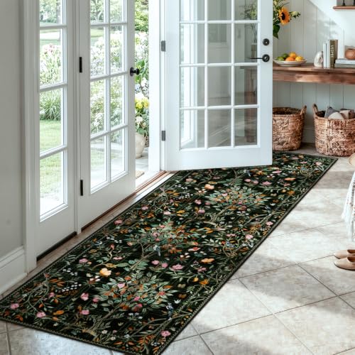 Morebes Floral Washable Rug Runners for Hallways Non Slip, Flower Kitchen Runner Rug 2x6, Boho Botanical Ultra-Thin Soft Floor Carpet for Bathroom Entryway Laundry Room, Black - color: Black, size: 2' x 6' (Rectangular)