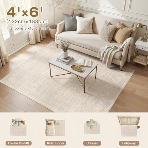 Nakagishi 4x6 Area Rugs Living Room: Washable Large Vintage Rug Neutral Non-Slip Soft Stain Resistant Indoor Carpet for Bedroom Nursery Dining Room Office Playroom - Beige - color: Beige, size: 4' x 6' (Rectangular)