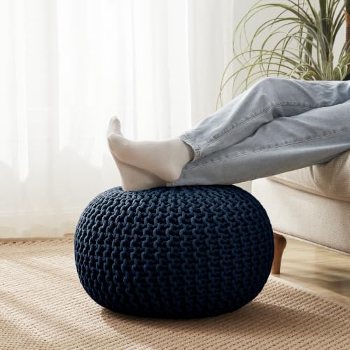 Pouf Ottoman Foot Rest Stuffed – 20” Diameter x 14” Tall Cozy Floor Pouf for Living Room, Bedroom, Nursery & More – 100% Cotton Knit Shell, EPS Bead Filled Footrest & Accent Chair, Navy Blue - color: Navy Blue
