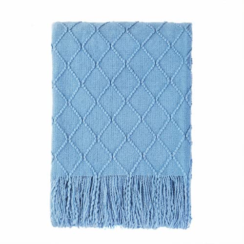 BOURINA Blue Throw Blanket 50x60 Inches Throw Textured Solid Soft Sofa Couch Decorative Knit Blanket - color: Blue, size: 50"x60"