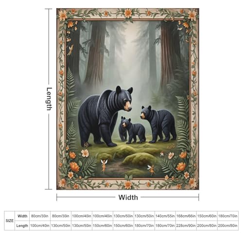 Fantasy Black Bear Forest Tree Flower Super Soft Throw Blanket, Mystical Fairy Green Flannel Fleece Decorative Throw for Sofa Couch Bedroom Decor Outdoor Use 50"x60" - color: Fantasy Black Bear Forest Tree Flower, size: 50"x60"