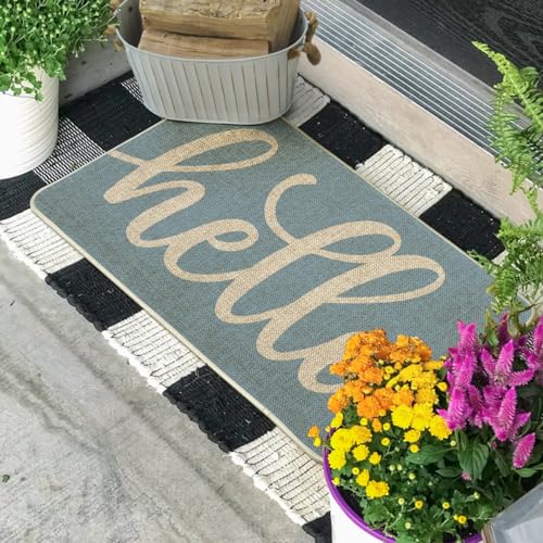 Artoid Mode Blue Hello Winter Doormat, Christmas Home Decor Low-Profile Switch Rug Door Mat Floor Mat for Indoor Outdoor 17x29 Inch - color: Blue, size: 17" x 29"