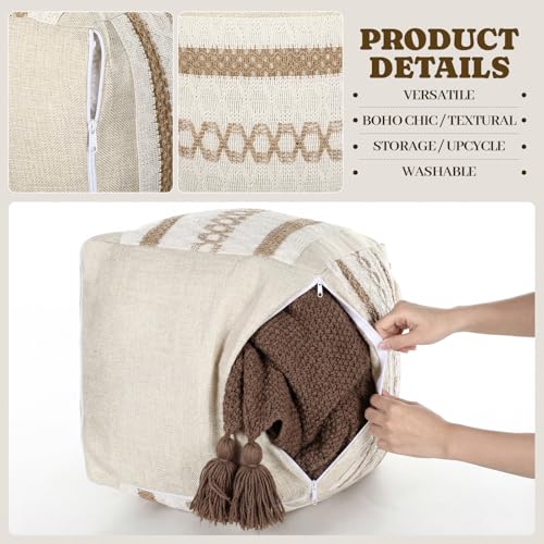 Boao 2 Pcs Unstuffed Boho Ottoman Pouf Cover 16"x16"x16" Textured Storage Cube Bean Bag Pouffe Footrest Washable Storage Bean Bag Chair Floor Pouf Covers for Living Room Bedroom Indoor(Beige,Rattan) - color: Beige, style: Rattan