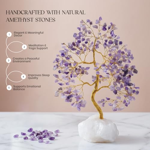 Crocon® Amethyst Crystals Tree of Life Rough Base, Birthday Gifts for Women, Home & Office Decor Money Tree Healing Crystals Womens Gifts Ideas House Warming Gift Sister Unique Purple Decoration - color: Amethyst Quartz Base (Golden Wire)