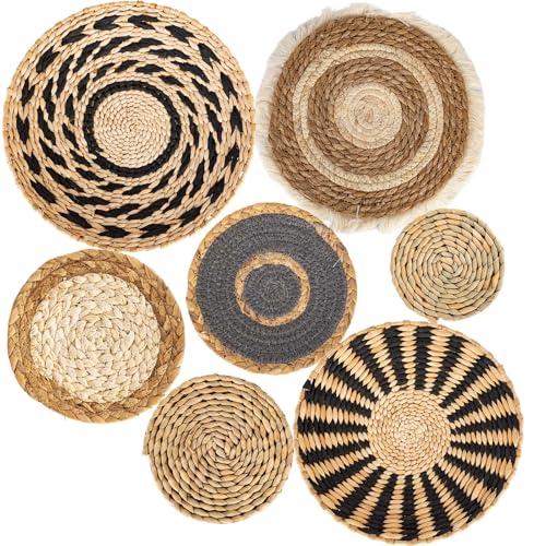7 Pack Boho Wall Basket Set, Seagrass Rattan Wicker Boho Wall Decor, hanging Woven Wall Basket Decor, Eco-Friendly Round Art for Farmhouse Bedroom Living Room Display Table Settings Kitchen Home (Black Classic)