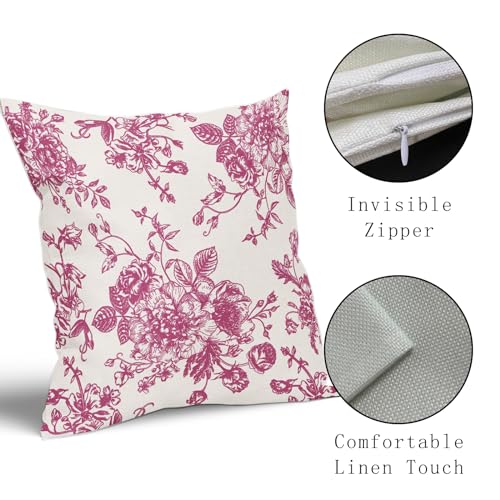 Hot Pink and Cream Floral Pillow Covers 18x18 Inch Set of 2 Vintage Floral Throw Pillow Covers Chinoiserie Flower Pillowcases Rustic Farmhouse Cotton Linen Cushion Covers for Couch Bed Sofa Decor - color: Hot Pink, size: 18" x 18" (Pack of 2)