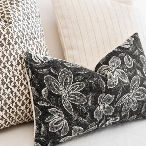 FIOUOVO Floral Throw Pillow Covers 12x20 Set of 2 Farmhouse Pillow Covers Vintage Neutral Accent Pillowcases Decorative Cushion Covers for Sofa Couch Living Room Bedroom Home Decor, Charcoal Black - color: Charcoal Black, size: 20" x 12" (Pack of 2)