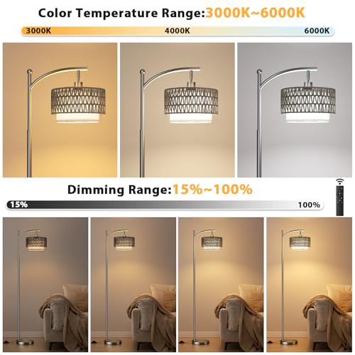 Ambimall Arc Floor Lamp for Living Room with Remote, Color Temperature & Brightness Adjustable, Boho Standing Lamp with Rattan & Fabric Double Drum Shades, Bulb Included(Deep Gray) - color: Deep Gray Rustic
