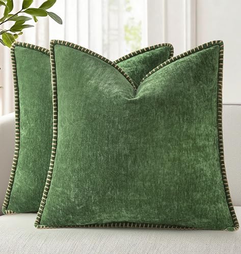 decorUhome Chenille Soft Cozy Throw Pillow Covers 18x18 Set of 2, Modern Farmhouse Boho Velvet Decorative Pillow Cases with Stitched Edge for Couch Sofa Bed Home Decor, Forest Green - color: Forest Elf, size: 18" x 18" (Pack of 2)
