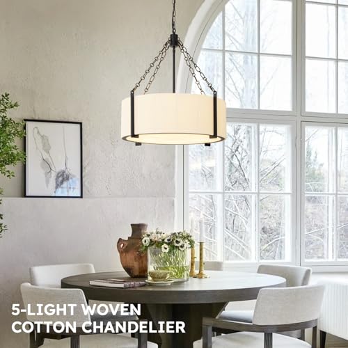 21" White Rattan Chandelier for Dining Room, 5-Light Hand Woven Boho Pendant Light Fixture Adjustable Coastal Chandeliers for Kitchen Island Living Room Bedroom Foyer Hallway, ETL Listed - color: 5-Light Black+White