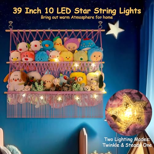 2 Tier Stuffed Animal Storage Shelf Net, 35x30'' Large Plushie Net w/ 2.4/1'' Dense Mesh for Mini Medium Stuffy Teddy, Pink Boho Macrame Plushies Storage Holder w/ Lights&Clips for Nursery Decor - color: Light Pink, size: Large-2 Tier-35x30 Inch