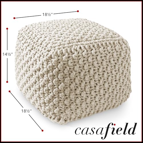 Casafield Square Pouf Ottoman, Natural - 18.5" W x 18.5" D x 14.5" H Cotton Knit Foot Stool - Boho Floor Pouffe for Living Room, Bedroom, Home Office - color: Natural, size: 18.5"D x 18.5"W x 14.5"H