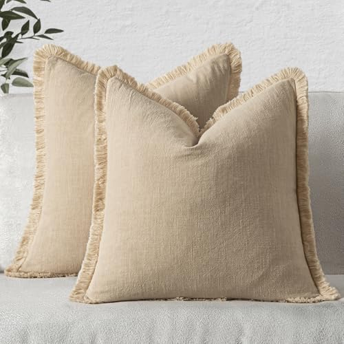 MIULEE Decorative Throw Pillow Covers Neutral Linen Fringe Throw Pillows Set of 2 Beige Boho Farmhouse Cushion Covers with Tassels for Couch Sofa Bed Living Room Spring Home Decor 16x16 Inch - color: Beige, size: 16" x 16" (Pack of 2)