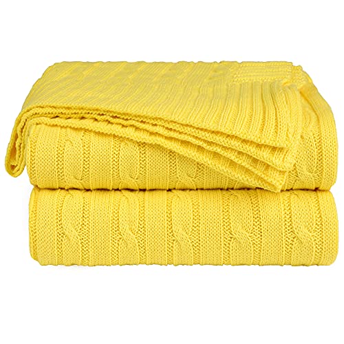 uxcell 100% Cotton Knitted Throw Blanket for Sofa and Couch Soft Lightweight Cable Knit Blanket Home Decors Blanket, Yellow 50" x 60" - color: Yellow, size: Throw (50" *60")