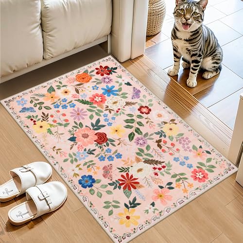 Entryway Rug 2X3 Small Rugs: Floral Washable Door Mat Vintage Soft Low Pile Non-Slip Kitchen Rugs Stain Resistant Indoor Throw Rug for Entrance, Bedroom, Kitchen, Laundry, Bathroom Beige - color: Beige, size: 2' x 3' (Rectangular)