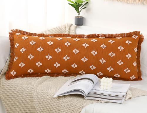 Boho Long Lumbar Pillow Cover 16x36 with Tassel Fringe,3D Flower Patterned Extra Decorative Long Lumbar Pillow Cover Case for Sofa Couch Bed Livingroom Farmhouse,Rust Red - color: Rust Red, size: 36" x 16" (Pack of 1)