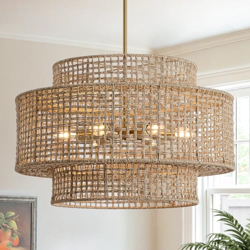 24” Rattan Chandelier for Dining Room, Large Boho 6-Light Rustic Chandeliers Light Fixture with Wicker Shade, Hand Woven Farmhouse Pendant Lighting for Kitchen Bedroom, Living Room, Foyer - color: Linen, size: 24" 6-Light