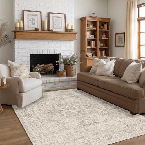 FMFUNCTEX 5x8 Washable Area Rug Neutral Vintage Beige Distressed Non Slip Low Pile Traditional Indoor Carpet for Living Room Bedroom Soft Retro Mat Throw Rug for Dining Office Kitchen Dorm Entryway - color: Beige, size: 5' x 8' (Rectangular)