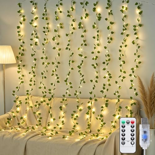 JMEXSUSS Vines Lights for Bedroom, 200 LED Vines Fairy Lights, Artificial Pothos Leaf Light for Wall Curtain Wedding Party Christmas Indoor Decor, 6.5ft x 6.5ft with Remote - color: Pothos, size: 6.5x6.5ft - 200 LED